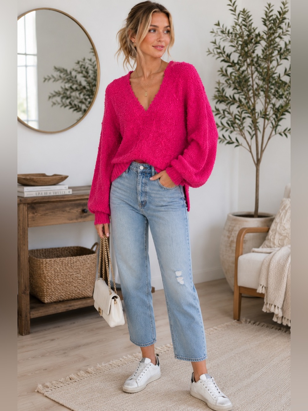 C/MEO Collection Coco Fuschia Rose Oversized Balloon Sleeve Sweater Size Small